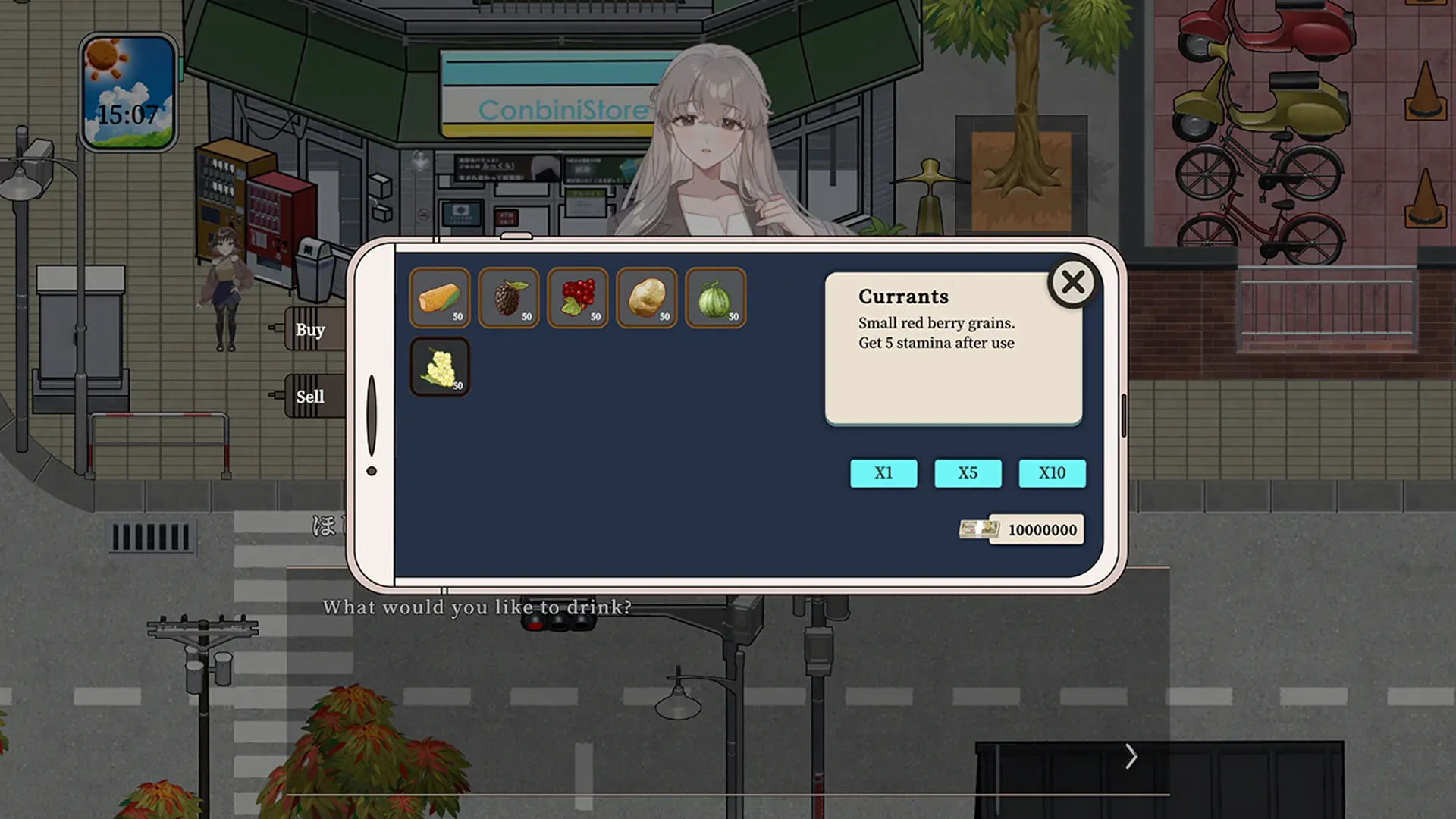 归乡狂想曲：便利店Buy/Sell页面为横屏手机面板，Currants说明Small red berry grains、Get 5 stamina after use，X1/X5/X10与余额10000000；商品图下50为样本显示不猜价格或库存定义。普通虚构物品UI。