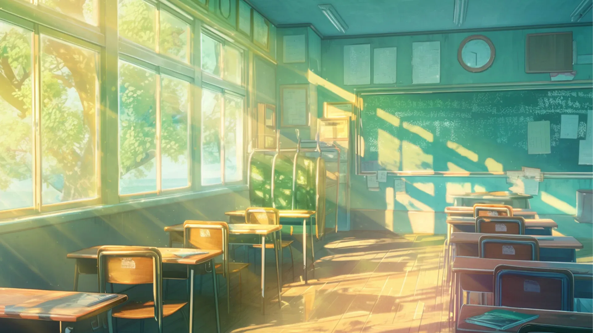 青鸟：阳光空教室、课桌与黑板的环境插画，无操作UI