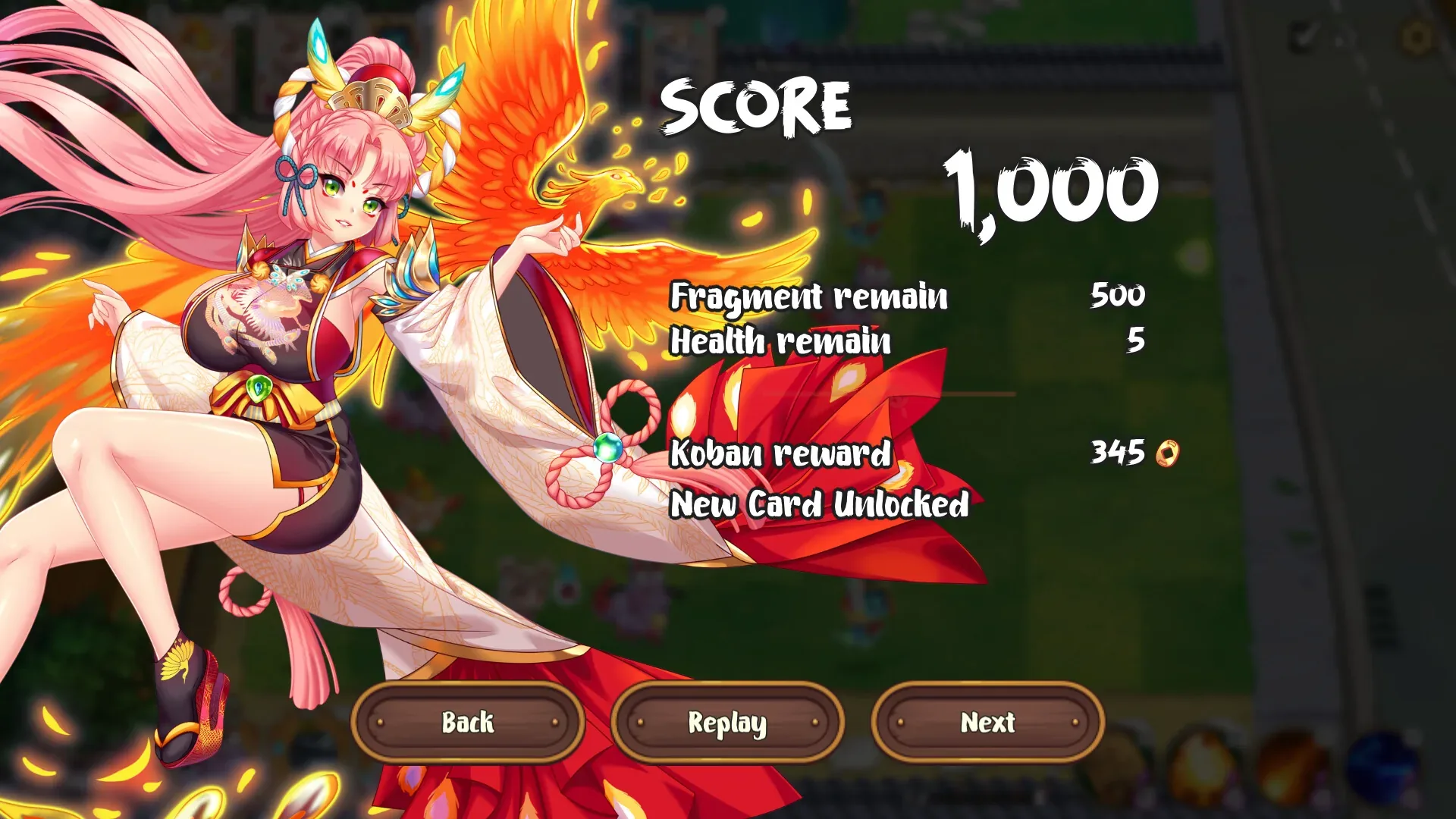 妖谈：百鬼夜行：Original ordinary clothed phoenix-character result screen SCORE1000 Fragment remain500 Health remain5 Koban345 and Back Replay Next, no sexual act.